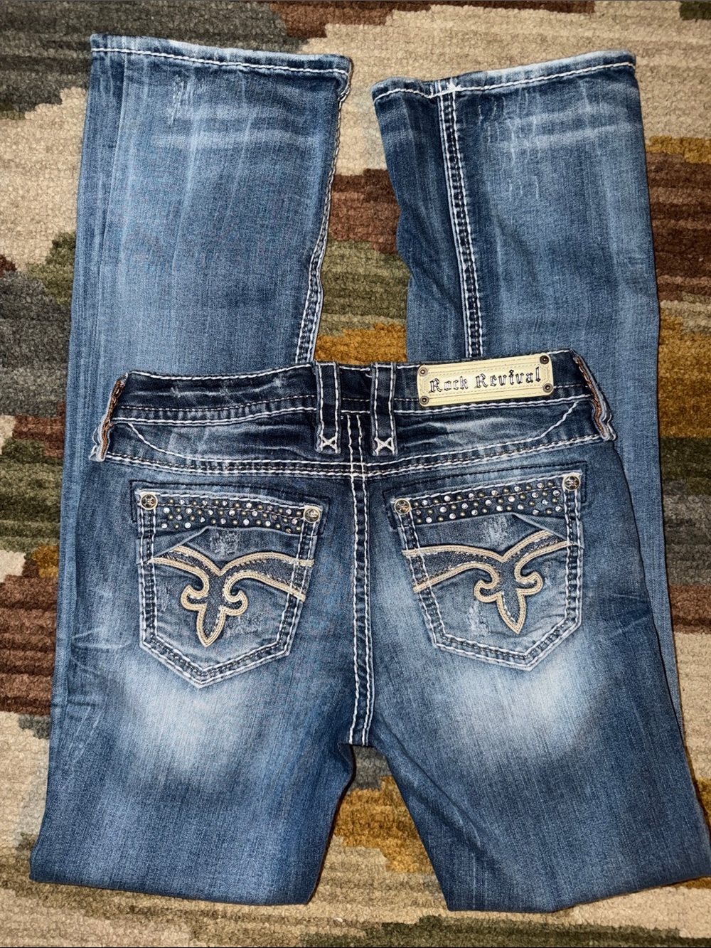 Rock Revival Distressed Blue Studded Boot Cut Jeans